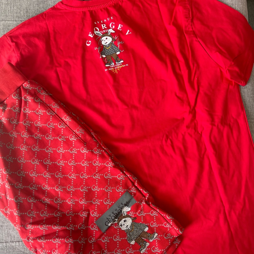 Avenue George V Paris Short Set Men's Red 2 piece set Rabbit Rhinestone Large - Picture 3 of 6